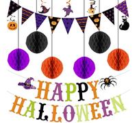 Tayuvira Halloween Banner Paper Triangle Flag Bunting Circle Confetti Dots Hanging Garland Honeycomb Ball Swirl Streamers Pom Poms,Black Purple Orange Party Decorations Indoor Wall Golf Car Bike