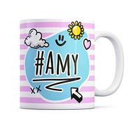 Tazletree Amy Mug. Pink and Blue Happy Doodle Design Standout Coffee Cup.