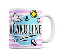 Tazletree Caroline Mug. Pink and Blue Happy Doodle Design Standout Coffee Cup.