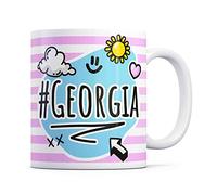 Tazletree Georgia Mug. Pink and Blue Happy Doodle Design Standout Coffee Cup.