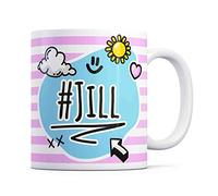 Tazletree Jill Mug. Pink and Blue Happy Doodle Design Standout Coffee Cup.