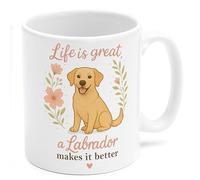 Tazletree Labrador Dog Mug - “Life is Great, A Labrador Makes It Better” - Gift for Lab Mum, Women, pet Lovers - Tea or Coffee Cup - 3 Colour Options - Pink, Blue, White (White)