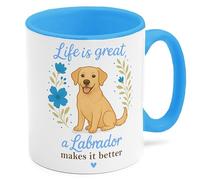 Tazletree Labrador Dog Mug - “Life is Great, A Labrador Makes It Better” - Gift for Lab Mum, Women, pet Lovers - Tea or Coffee Cup - 3 Colour Options - Pink, Blue, White (Blue)