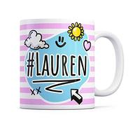 Tazletree Lauren Mug. Pink and Blue Happy Doodle Design Standout Coffee Cup.