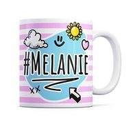 Tazletree Melanie Mug. Pink and Blue Happy Doodle Design Standout Coffee Cup.