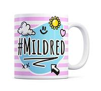 Tazletree Mildred Mug. Pink and Blue Happy Doodle Design Standout Coffee Cup.