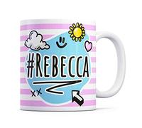 Tazletree Rebecca Mug. Pink and Blue Happy Doodle Design Standout Coffee Cup.