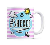 Tazletree Sheree Mug. Pink and Blue Happy Doodle Design Standout Coffee Cup.