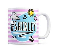 Tazletree Shirley Mug. Pink and Blue Happy Doodle Design Standout Coffee Cup.