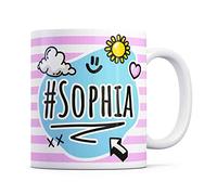 Tazletree Sophia Mug. Pink and Blue Happy Doodle Design Standout Coffee Cup.