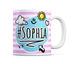 Tazletree Sophia Mug. Pink and Blue Happy Doodle Design Standout Coffee Cup.
