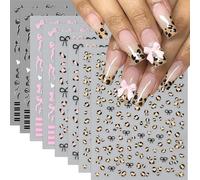Tazuxetuqe 8 Pieces Leopard Print Nail Art Stickers 3D Self-Adhesive Black Pink Bow French Line Nail Design Accessories Cute Small Ribbon Nails