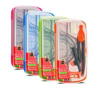 TB1 Products 4-Pack Maths Geometry Set with Clear Pencil Case - Assorted Colour Stationery Kit for Students | Compass & Protractor Set with Ruler, Pencil, Eraser & Sharpener | School & Exam Supplies