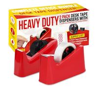 TB1 Products Desk Tape Dispenser Red 2-Pack with Clear Cellotape Rolls & Extra Spindles - Weighted Non-Slip Base, Serrated Cutter, One-Hand Use for Office, Home & School