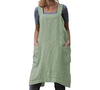 TBA Cotton Linen Apron Cross Back Apron for Women with Big Pockets Square Pinafore Dress for Baking Cooking BBQ & Grill, Light Green, Large