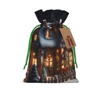 TBABMDPDM Christmas Village House 4 Print Christmas Gifts Bags,Burlap Bags with Drawstring Assorted Sizes for Party Favors