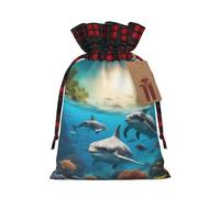 TBABMDPDM Dolphins Sea Turtle Shark Octopus Coral Print Christmas Santa Sack,linen Gift Bag with Drawstring,for Xmas Party Package Storage
