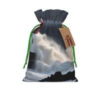 TBABMDPDM Lighthouse In Storm Print Christmas Gifts Bags,Burlap Bags with Drawstring Assorted Sizes for Party Favors