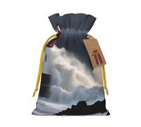 TBABMDPDM Lighthouse In Storm Print Christmas Gifts Bags,Burlap Bags with Drawstring Assorted Sizes for Party Favors