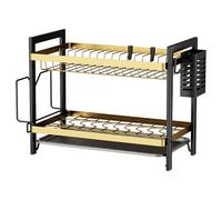 TBATM 2 Tier Countertop Dish Drying Rack with Detachable Cutlery Holder and Hanging Hooks, Large Capacity Kitchen Storage Organizer with Removable Drain Tray,Gold