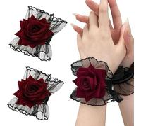 Tbay Gothic Rose Lace Gloves Hand Sleeve Black Lace Wine Red Flower Wrist Cuff for Halloween Masquerade Costume Accessories