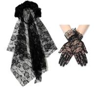 Tbczvx 2 Pcs Black Veil Set, Halloween Lace Headwear, Black Lace Short Gloves, Practical Rose with Veil Headband, Suitable for Halloween Parties/Day Of The Dead/Weddings/Dances Black Mesh Gloves