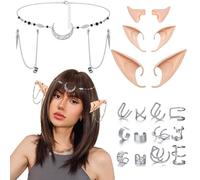 Tbczvx 21 Pcs Elf Ears Set, Fairy Ears with 14 Pcs Earrings and Moon Headband, Cosplay Halloween Party Live Broadcast Props, Soft Alien Ears Silvery Earrings Set Anime Party Dress Up Costume