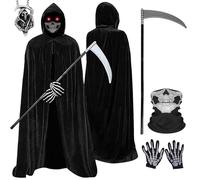 Tbczvx 5 Pcs Grim Reaper Costume, Grim Reaper Cloak, Halloween Costumes Black Cloak Hooded Cape Scythe Skeleton Gloves Skeleton Mask Necklace Set for Cosplay Outfits Party Dress for Women Men
