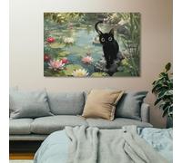 TBDUEPS Black Cat in Lily Pond Wall Art Canvas Print, Spring Home Decor | For everyday kitchen, choose decorative canvas art; it gives empty walls more presence without changing the furniture layout