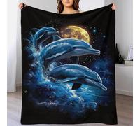 TBDUEPS Dolphins Under The Moon King Size Fleece Blanket Soft Fluffy Cozy Personalised Blankets And Throws Sofa for Women 40x50inch(100x130cm)