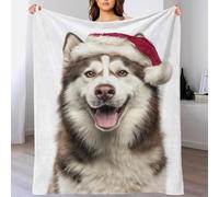 TBDUEPS Siberian Husky Dog with Santa Hat 3D Fleece Bed Blankets Winter Warm Cozy Flannel Blanket Super Soft Blanket for Cold Weather 40x50inch(100x130cm)