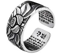 TBEONE 999 Sterling Silver Lotus Ring, Adjustable Open Ring with Buddhist Heart Sutra Carving, Bronze, Unisex Retro Jewelry Gift