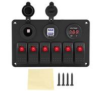 Tbest 6 Gang Rocker Switch Panel 6 Gang LED Switch Panel Car Boat Marine Dual USB Voltmeter Cigarette Lighter Socket for 12V 24V Vehicle Boat Trailer (Red)