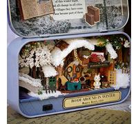 Tbest DIY Miniatur Handmade Box Dollhouse Good Old Time Theme Mini Doll House with LED Light for Home Decoration and, Wood + Fabric + Paper + Resin + Plastic (Winter roaming)