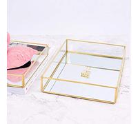 Tbest Vintage Metal Glass Make -up Storage Box Gold Tablet with Stylish Brass Edge, Cosmetics Organizer with Great Capacity for Jewelry and Make -up, Portable Cover for at Home and Travel