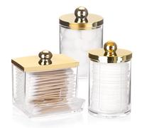 Tbestmax 3 Pack Qtips Dispenser - Bathroom Organizers and Storage Containers, Plastic Apothecary Jars with Gold Lids for Cotton Ball Swab Round Pads, Floss - Gold