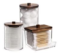 Tbestmax Bathroom Organizer Accessories Set-10 OZ,7 OZ Qtips Holder Storage with Wood Lids, Cotton Ball/Swabs Dispenser, Apothecary Container Jar 3 Pcs