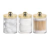 Tbestmax Gold Qtips Holder - 10oz Plastic Apothecary Jar with 3 Gold Lids for Cotton Swabs, Balls, Rounds, Floss