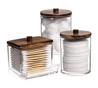 Tbestmax Qtips Holder Bathroom Container, 10/7 OZ Cotton Ball/Swabs Dispenser, Apothecary Jar Organizer for Storage Brown Wood Lids
