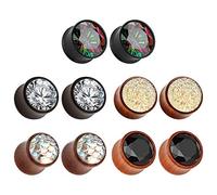 TBOSEN 5 Pairs Gauge Wood Tunnels Earrings Zircon Stone Body Jewelry Set Stretching Tapers Expanders Wooden Ear Plugs Gauge 8mm - 16mm