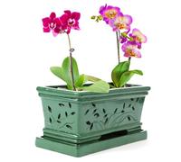 Tbpro 10Inch Orchid Pot with Holes and Saucers Green Rectangle Terracotta Orchid Pots Ceramic Flower Succulent Planter with Drainage and Saucer Plant Pot for Plants Indoor Outdoor