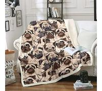 Kids Cute Dog Fleece Blanket Cartoon Pug Dog Sherpa Throw Blanket for Sofa Couch Brown Animal Theme Plush Blanket Pet Puppy Pattern Fuzzy Blanket Room Decor Flannel Blanket Double 60"x79"