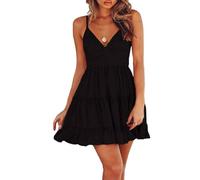 TBSCWYF Boho Summer Dress Mini Dress with Lace Back Hollow Deep V Neck Spaghetti Strap Holiday Beach Dresses Black