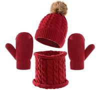 TBSCWYF Kids Winter Hat Scarf Gloves Set Baby Toddler Knit Beanie Neck Warmer Gaiter Gloves 3PC Pom Stripe Caps for Boys Girls Children Kids Warm Scarf Hat Gloves Boys Girls Knitted BeanieHat Red
