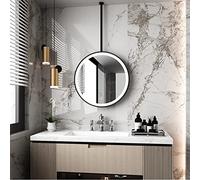 Hanging Metal Frame LED Illuminated Bathroom Mirror, Ceiling Round Hanging Mirror Suspended with Light Touch Button, Bedroom Hallway Living Room Lighted Boom Mirror