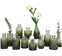 TBWIND 12pcs Glass Bud Vases Set, Small Vases for Flowers, Green Bud Vase for Centerpieces in Bulk, Mini Vintage Vase for Rustic Wedding Decorations, Office and Home Table Flower Décor-Green