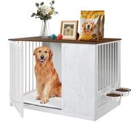 TBWIND Dog Crate Furniture for Large Dogs, 36" Indoor Wooden Dog Kennel with 270° Swivel Door & 360° Rotating Feeder, Decorative Heavy Duty Dog House with Double Locks & Bowls, White
