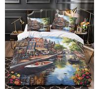 TBZXEEWOE Canal Scene Comforter Cover 3D Design Printed Durable 3 Pcs Bedding Set Zipper Dutch Town Quilt Cover Luxury Machine Washable for Kids Girls Boys Adults Women Teens Super king（260x220cm）