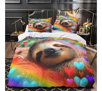 TBZXEEWOE Cute Sloth Sleeping Quilt Cover 3D Print Extra Soft 3PCs Bed Linen Hidden Zipper Rainbow Heart Duvet Cover Premium Machine Washable for Adults Teens Women Kids Girls Boys Single（135x200cm）