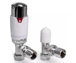 TC Angled Thermostatic Radiator Valve TRV & Lockshield 15mm x 1/2" Drayton TRV4 Style Chrome White Angle Pack EM